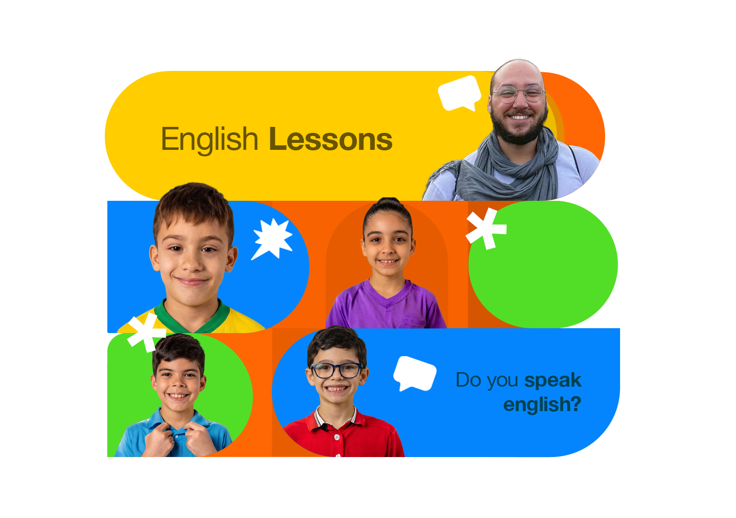 Colagem de fotos de alunos e do professor da AnyKids, com as frases 'English Lessons' e 'Do you speak english?'